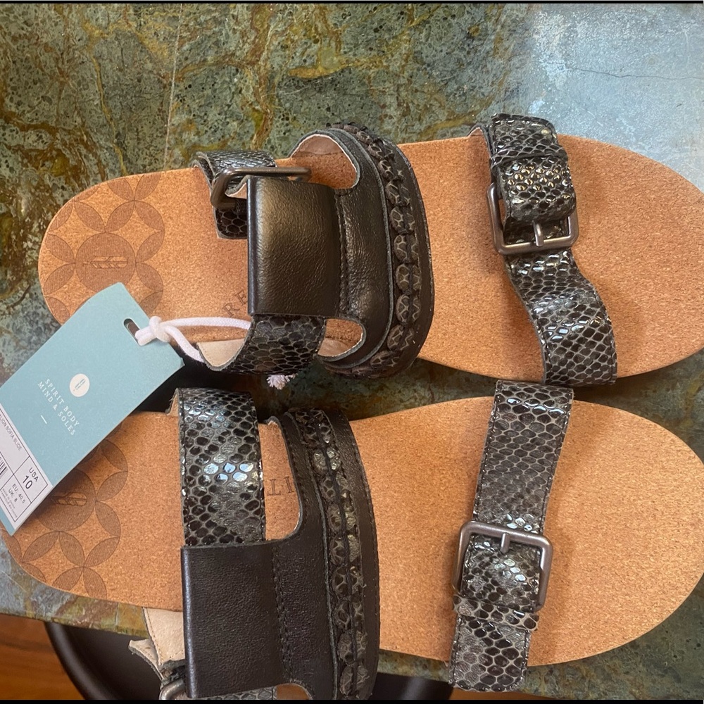 Revitalign black snake skin strap sandals